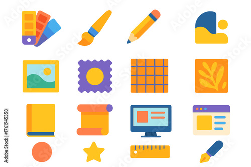 Design Themes flat icons: color palette, paintbrush, pencil, abstract shapes, gallery frame, fabric swatch, pattern grid, wallpaper, book, scroll, computer screen, app window,