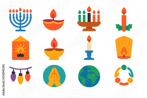 Candlelight Traditions Global — Vibrant Flat Vector flat icons: Hanukkah menorah, Diwali diya, Kwanzaa kinara, Christmas candle, Solstice lantern, Buddhist offering lamp, Shabbat