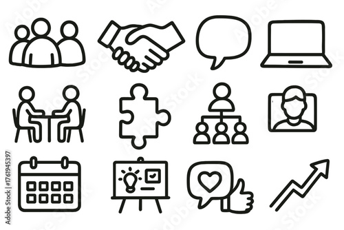 Collaborative Startup Culture set of icons in doodle hand-drawn vector style: group icon, handshake, speech bubble, laptop, shared workspace, puzzle piece, team chart, video call,