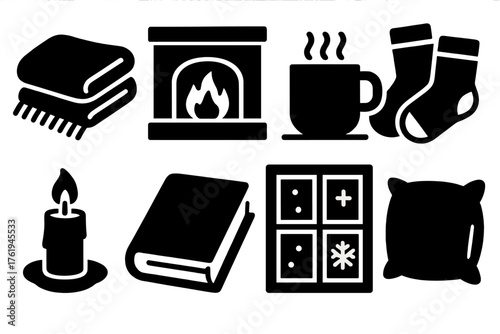 Holiday Time — Cozy comfort silhouette set: warm blanket, fireplace, steaming mug, wool socks, candlelight, book, snowflake outside window, soft pillow.
