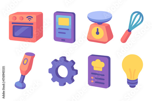 Kitchen Technology flat isometric set: smart oven, tablet, scale, whisk, blender, gear, recipe app, lightbulb.