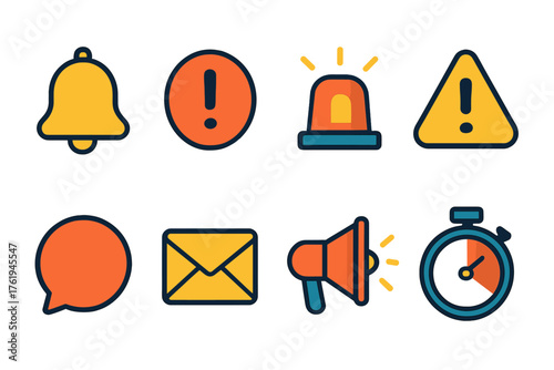 Alert Icons flat icons: bell, exclamation mark, siren, triangle warning, message bubble, envelope, megaphone, stopwatch.