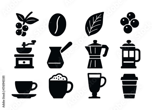 Coffee icons set: beans, leaves, grinder, kettle, french press, cups