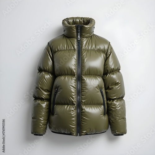 Olive Green Glossy Puffer Jacket Front View – Shiny Quilted Winter Coat with High Collar, Zipper Closure and Pockets, Modern Fashion Outerwear for Cold Weather Style on White Background