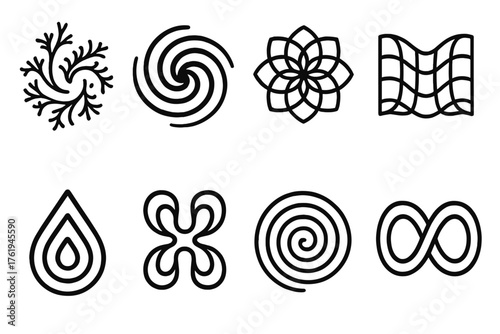 Abstract imagination outline icon set: fractal shape, swirling vortex, kaleidoscope pattern, geometric wave, liquid drop, mirrored forms, spiral maze, infinity loop.