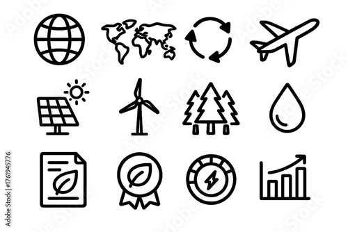 Global Eco Metrics outline icon set: globe icon, world map, renewable symbol, airplane, solar panel, wind turbine, forest icon, water droplet, eco report, sustainability badge,