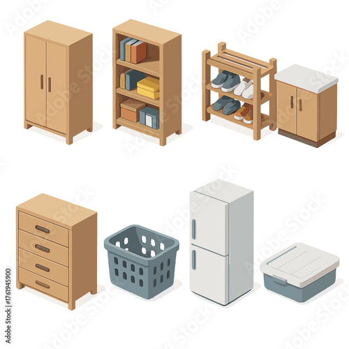 Home Storage set icons in modern isometric flat vector style: wardrobe, bookshelf, shoe rack, kitchen cabinet, chest of drawers, storage basket, fridge, under-bed box.