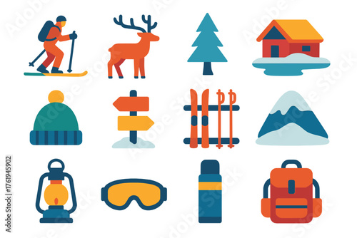 Mountain Skiing Nordic Expedition flat icons: skier silhouette, reindeer, frosted pine, frozen lake, snow-covered cabin, wool hat, trail sign, ski rack, snow hill, lantern, goggles