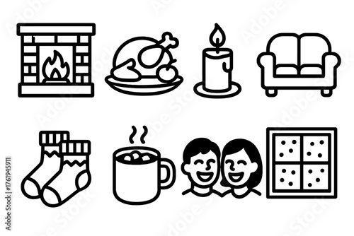 Winter Celebration Warmth outline icon set: fireplace glow, festive feast, golden candle, cozy sofa, wool socks, hot chocolate, laughter, snowy window.