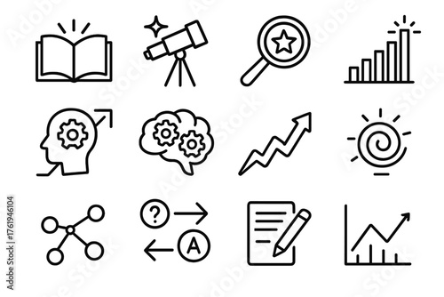 Insight Thinking outline icon set: open book with light, telescope with glow, magnifying glass with star, chart with spark, problem-solving gear, research notes, brain with gears,