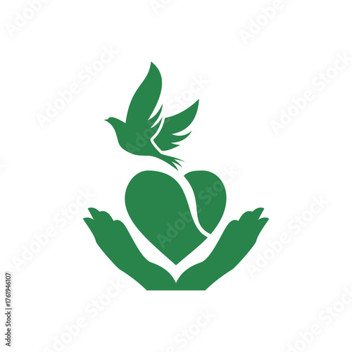 Green dove flying above a heart held in hands, symbolizing peace and care.