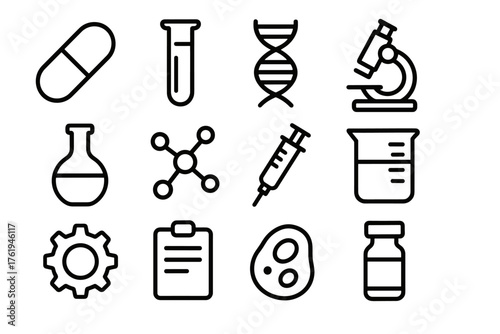 Pharmaceutical R&D outline icon set: capsule, test tube, DNA strand, microscope, flask, molecule, syringe, beaker, gear, clipboard, cell, vial. , , High resolution, sharp