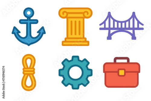 Support icons flat icons: anchor, pillar, bridge, rope, gear, toolbox.