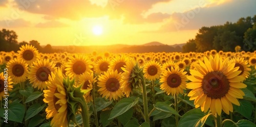 Golden Hour Sunflowers Idyllic Summer Field, Peaceful Rural Scene, Vibrant Blossoms, Nature Growth Warmth