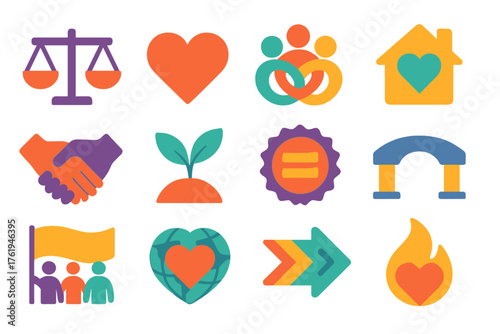Equity & Belonging Symbols flat icons: balance scale, heart, together circle, home, handshake, growth leaf, equality badge, support bridge, unity banner, heart globe, inclusion