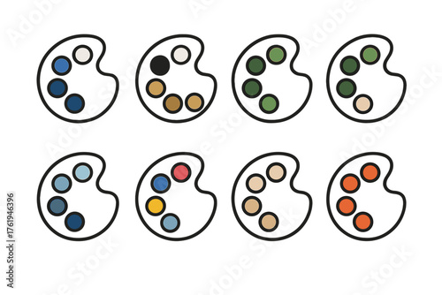 Branding Color Palettes outline icon set: corporate blue scheme, luxury gold-black duo, eco green tones, tech gradient blend, healthcare calm blues, creative multicolor wheel,