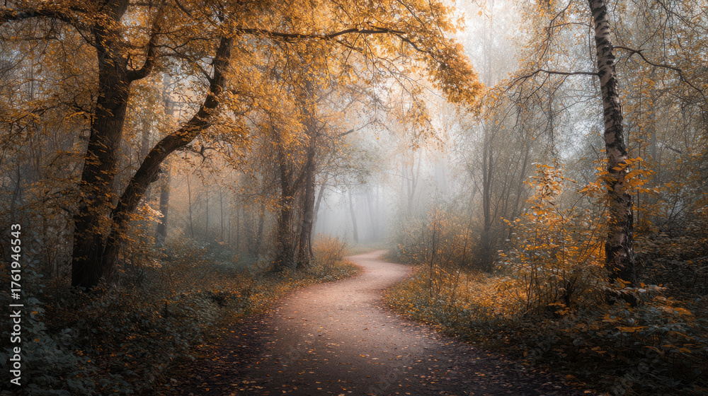 Fototapeta premium A beautiful golden autumn forest scene with a winding path perfect for the holidays.