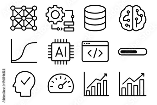 ML Training outline icon set: neural network, algorithm gear, data set icon, brain circuit, training curve, AI chip, coding window, progress bar, learning graph, test model icon,