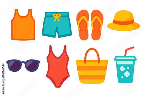 Seasonal Outfits — Summer vibes flat icons: tank top, shorts, flip-flops, straw hat, sunglasses, swimsuit, beach bag, cold drink.