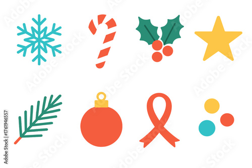 Festive Patterns flat icons: snowflakes, candy stripes, holly leaves, stars, pine branches, ornaments, ribbons, dots.