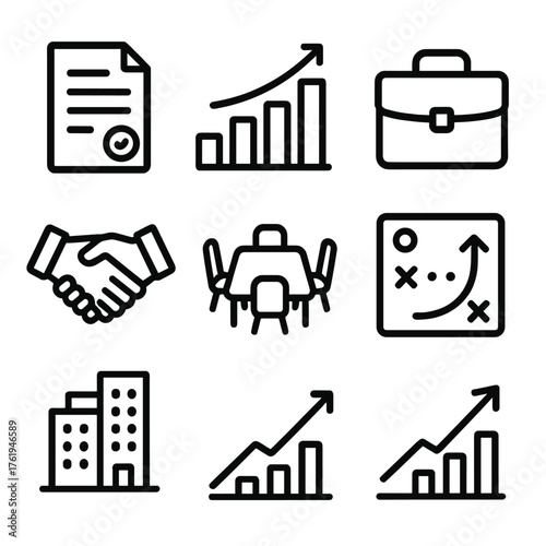 Business Manifest outline icon set: contract paper, bar chart, office building, briefcase, handshake, meeting table, strategy map, rising arrow.