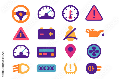Car Dashboard flat icons: steering wheel, speedometer, fuel gauge, temperature gauge, warning light, battery icon, seatbelt sign, oil indicator, tachometer, radio, gear shift, map