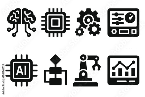 Automated Intelligence silhouette set: robotic brain, data circuit, gear network, control dashboard, AI processor, algorithm flow, automation icon, analytics screen.