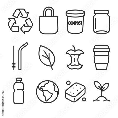 Zero Waste outline icon set: recycling sign, cloth bag, compost bin, glass jar, bamboo straw, leaf, apple core, reusable cup, water bottle, globe, soap bar, sprout. , , High