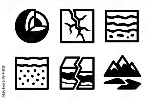 Crust silhouette set: earth cross-section, cracked surface, rock layer, soil top layer, tectonic boundary, mountain ridge.