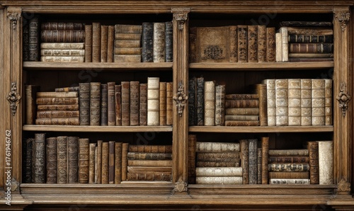 Antique wooden bookcase filled with old books, a classic library scene.