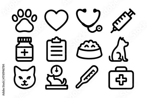 Pet Health outline icon set: paw icon, heart, stethoscope, syringe, pill bottle, clipboard, pet food, dog silhouette, cat icon, scale, thermometer, first aid kit.