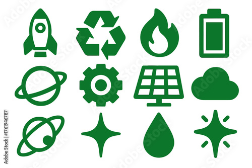 Green Propulsion silhouette set: rocket, recycling logo, flame, battery, planet, gear, solar panel, cloud, orbit line, spark, droplet, light beam. , , High resolution, sharp vector