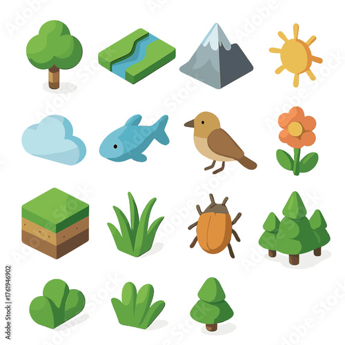 Ecosystem Basics set icons in modern isometric flat vector style: tree, river, mountain, sun, cloud, fish, bird, flower, soil layers, insect, grass, forest icon.