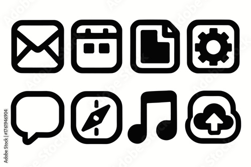 App Icons silhouette set: mail envelope, calendar event, document file, settings cog, compass icon, chat bubble, music disc, cloud upload.