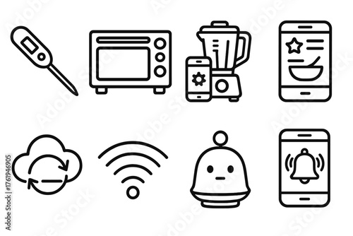 Smart Cooking Tools outline icon set: digital thermometer, smart oven, app-controlled blender, recipe app screen, cloud sync, Wi-Fi symbol, kitchen assistant, mobile alerts.