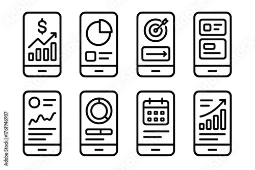 Mobile Dashboards outline icon set: financial stats, pie chart, goal tracker, app widgets, activity summary, progress ring, calendar icon, data insight.
