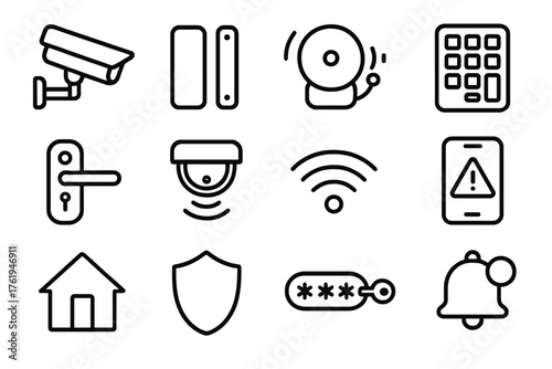 Security Connectivity outline icon set: CCTV camera, door sensor, alarm bell, keypad, smart lock, motion detector, Wi-Fi wave, phone alert, home icon, shield, password key,