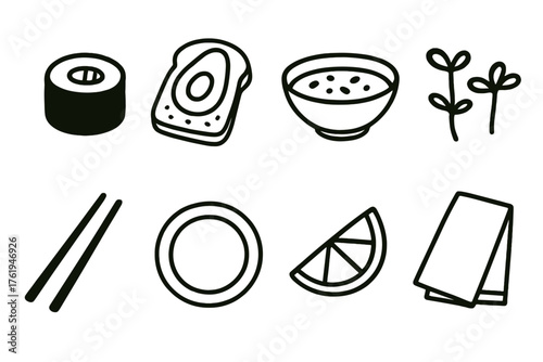 Minimalist Plating set of icons in doodle hand-drawn vector style: sushi roll, avocado toast, soup bowl, microgreens, chopsticks, ceramic plate, lemon wedge, linen napkin.