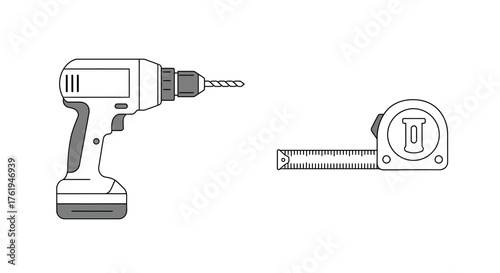 Construction Tools Cordless Drill and Tape Measure Icon Set for Building and Measurement