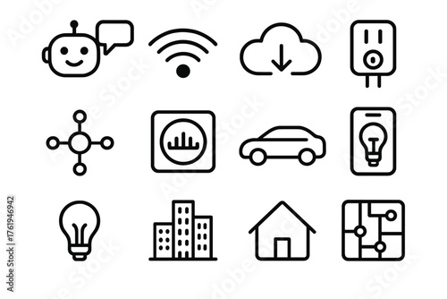 Connected Living Network outline icon set: AI assistant, Wi-Fi symbol, cloud data, smart plug, sensor hub, electric meter, car icon, mobile app, smart light, city grid, home