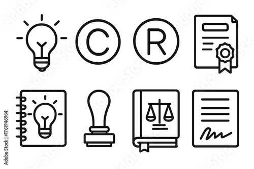 Creative Rights outline icon set: light bulb, copyright symbol, registered trademark, patent document, idea notebook, seal stamp, law book, contract paper.