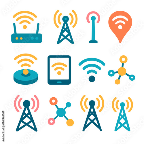 Access Point Basics flat icons: wifi router, signal tower, antenna, hotspot icon, wireless hub, signal waves, connected device, wifi icon, network bubble, connectivity node, radio