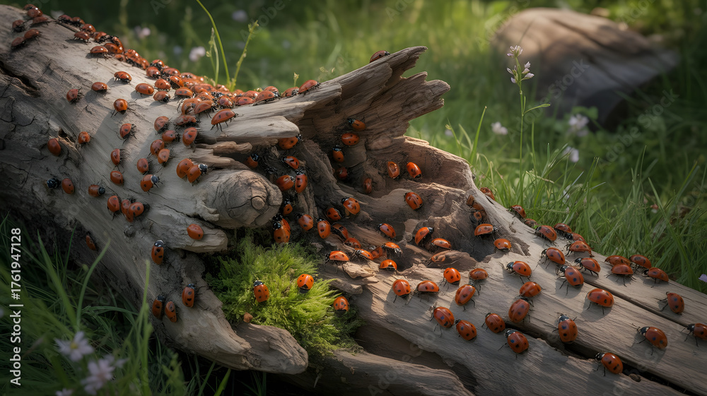 Fototapeta premium Many ladybugs on a wooden log covered with grass and moss