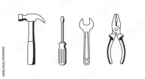 Essential Hand Tools Hammer, Screwdriver, Wrench, and Pliers Illustration