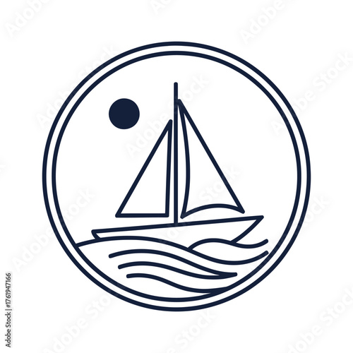Minimalist line art illustration of a sailboat on wavy water under a dark sun