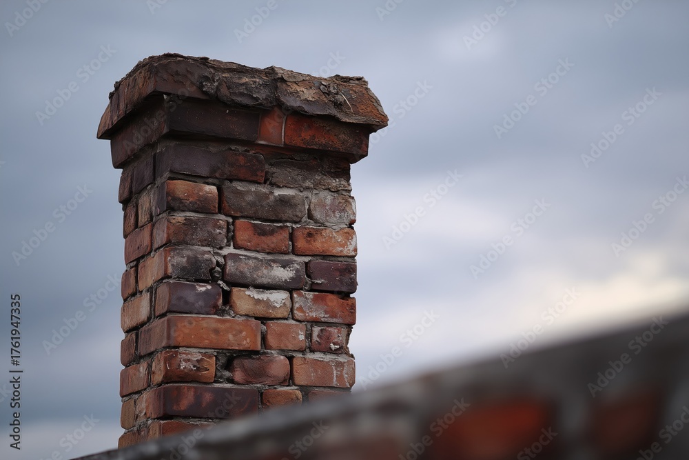 Naklejka premium Weathered Brick Chimney Against Overcast Sky — Rustic Detail