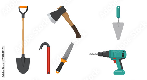 Various Hand Tools Flat Vector Graphics Set for Home Improvement Projects