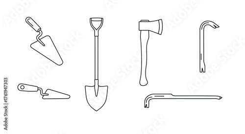 Outline of Construction Tools Trowel, Shovel, Axe, and Crowbar