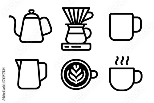Coffee Rituals outline icon set: pour-over kettle, dripper, scale, mug, milk pitcher, latte art.
