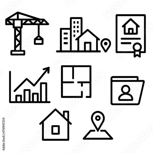 Housing Development outline icon set: construction crane, city skyline, residential home, lot marker, deed paper, property value graph, floor plan, agent folder.